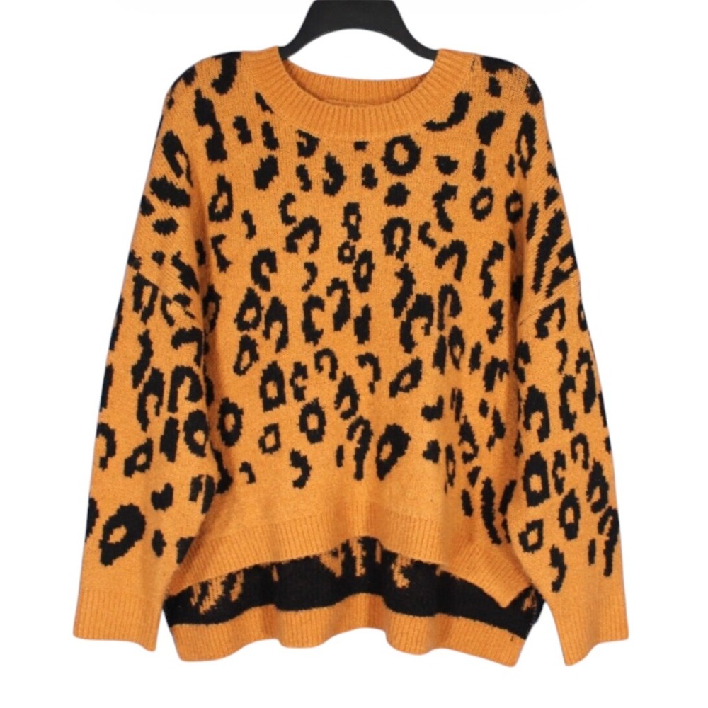 HYFVE Brown/Black LEOPARD ANIMAL PRINT Mid-Weight HIGH-LOW Knit Sweater Sz S